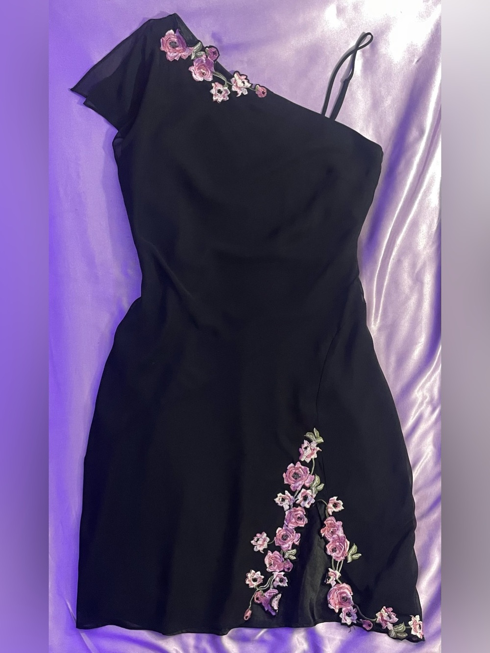 Vintage 2000βs Black Chiffon Floral Beaded Fairycore whimsigoth Slit Dress y2k